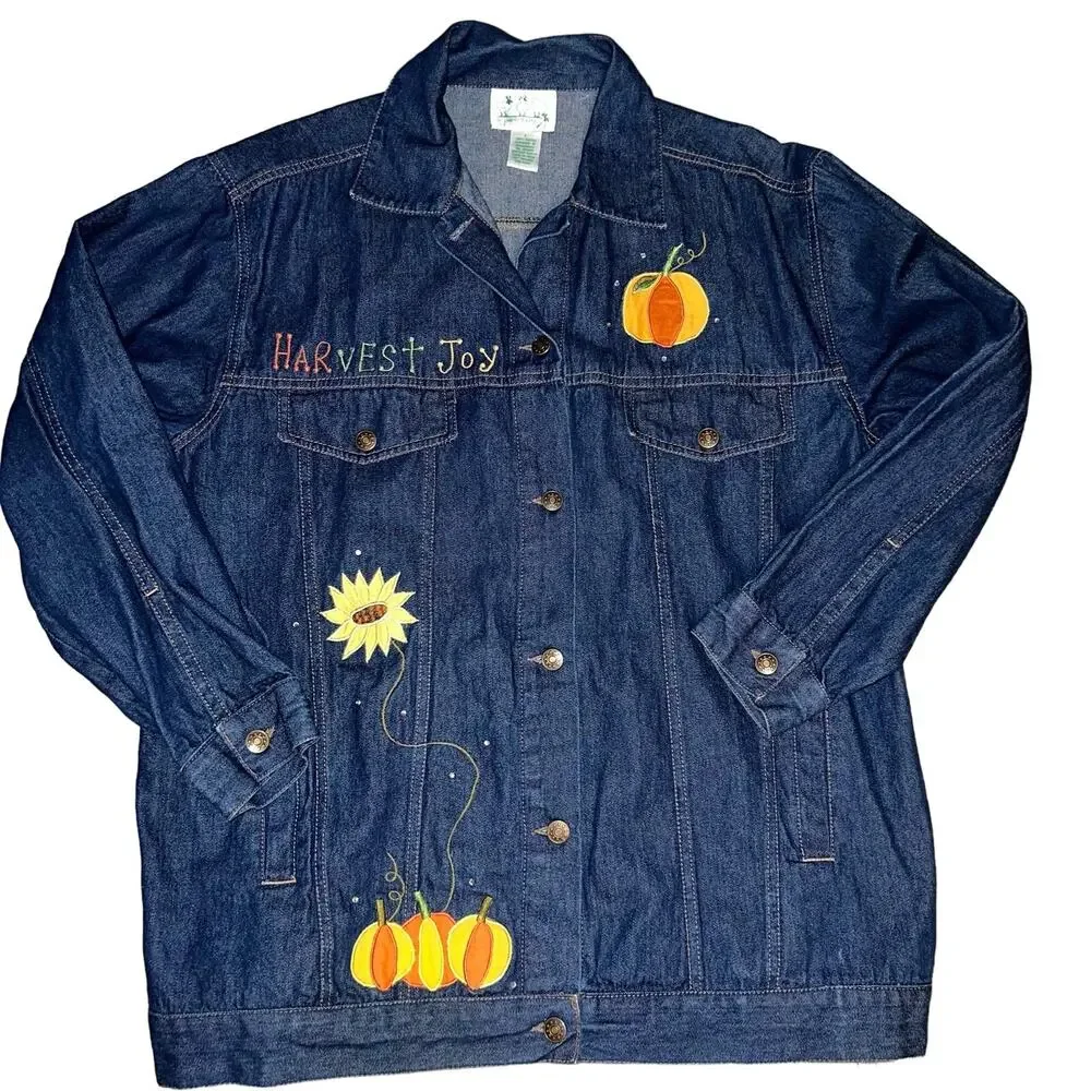 Quacker Factory Fall Harvest Joy scarecrow embroidered denim jacket size large